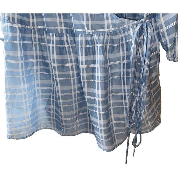 Future Collective Gabriella Light Blue Gingham Check 3/4 leeve V-Neck Size 2x - Picture 5 of 11